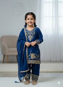 Premium Royal Blue GMY Silk Kids Palazzo Suit with Exquisite Embroidery for Eid & Festive Wear
