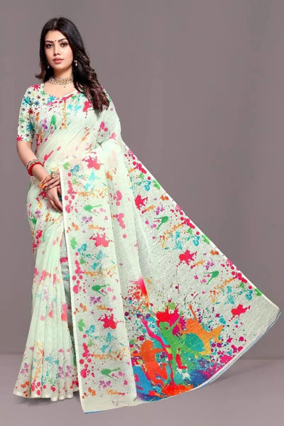 Trending Linen Saree - Vibrant Digital Print for Holi Festival
