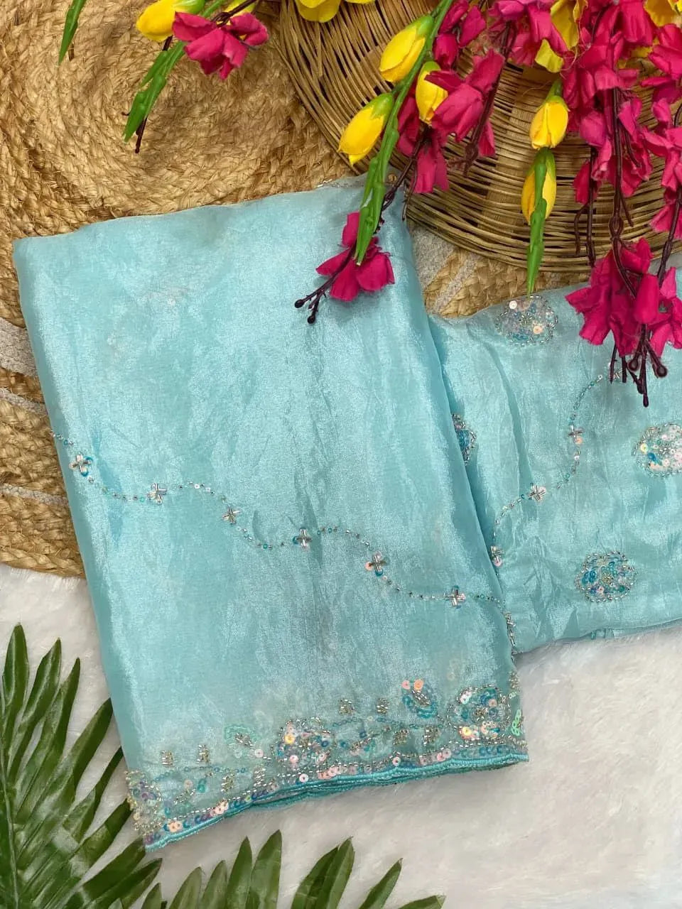Luxe Silky Star Saree with Hand Work and Beads