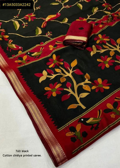 Trending Mangalgiri Style Cotton Saree - Chidiya Print with Zari Border for Women