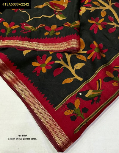 Trending Mangalgiri Style Cotton Saree - Chidiya Print with Zari Border for Women