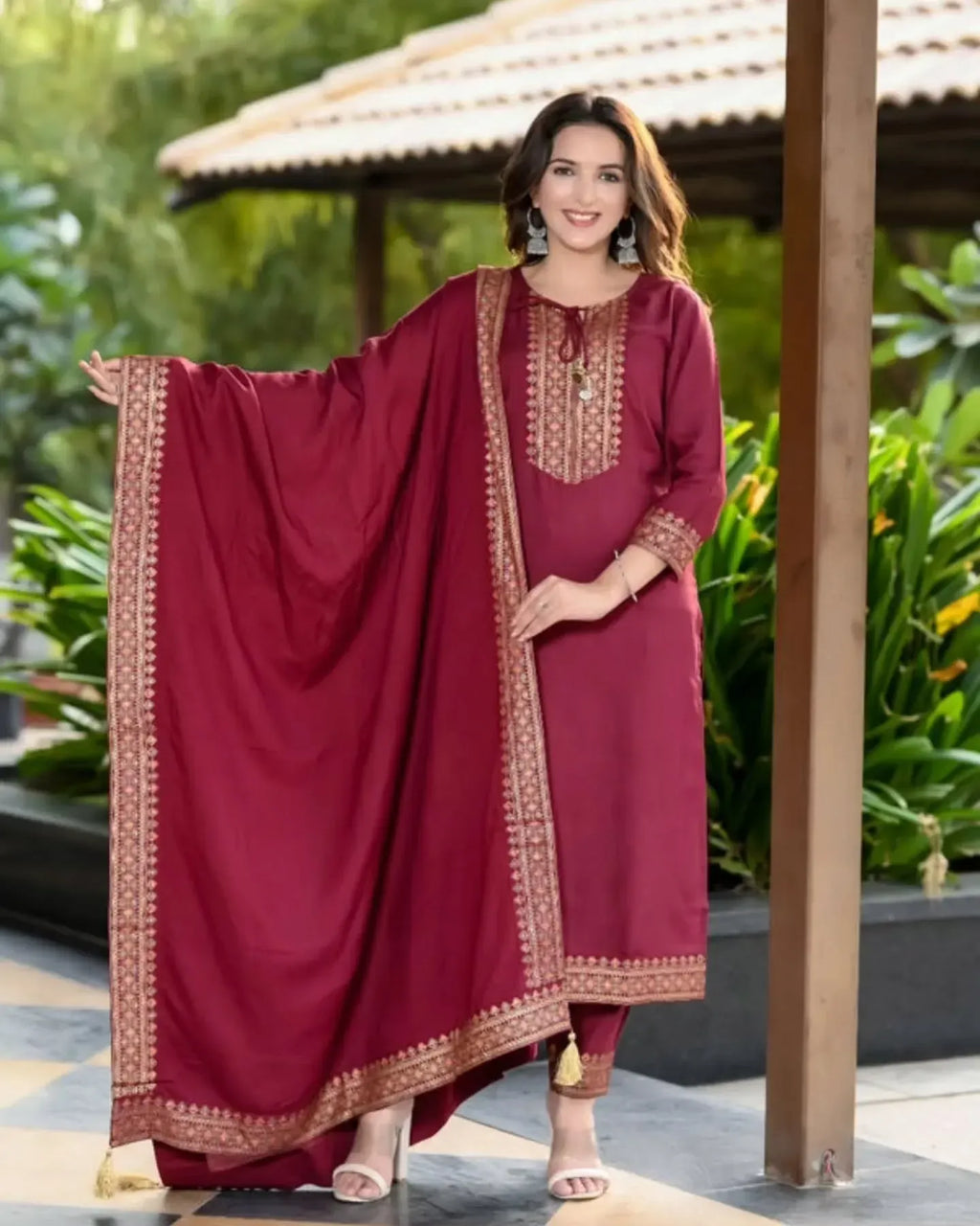 Maroon Rayon Slub Kurti Set with Khadi Print Dupatta