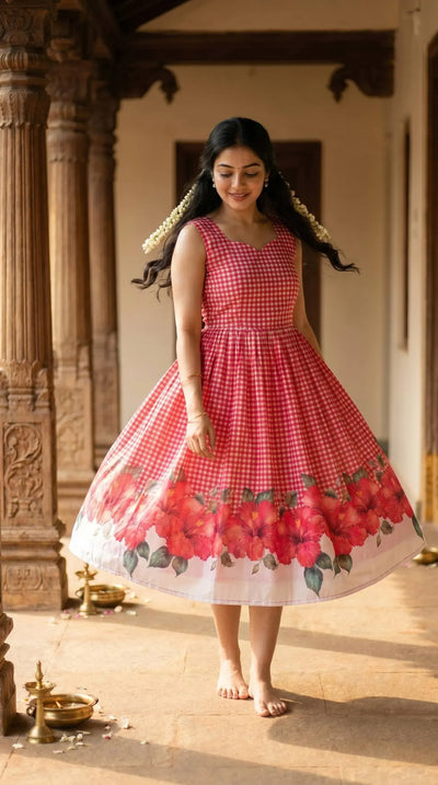 Trending Maslin Floral Chex Gown - South Viral Festive Wear