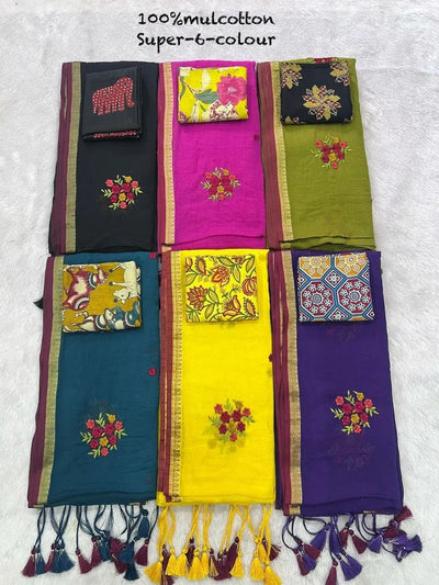 Trending Mul Cotton Saree - Resham Embroidered & Tasseled for Women