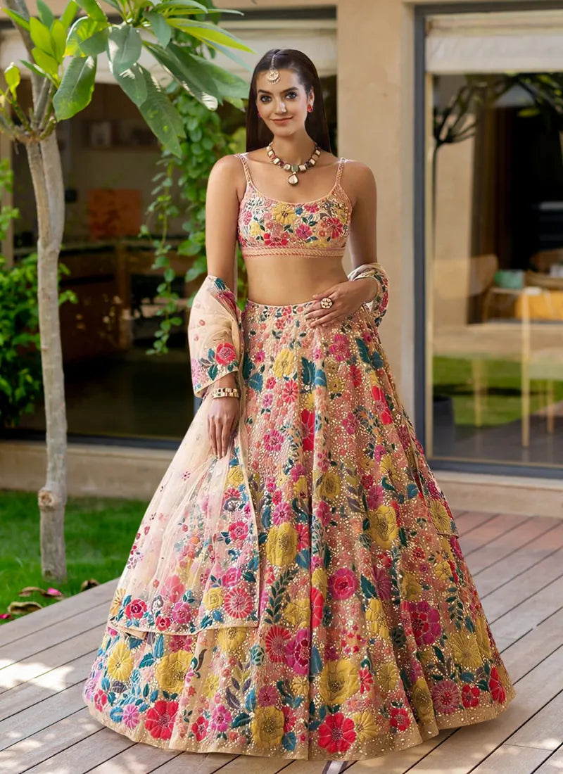 Multicolor Georgette Lehenga Choli with Floral Embroidery for Weddings