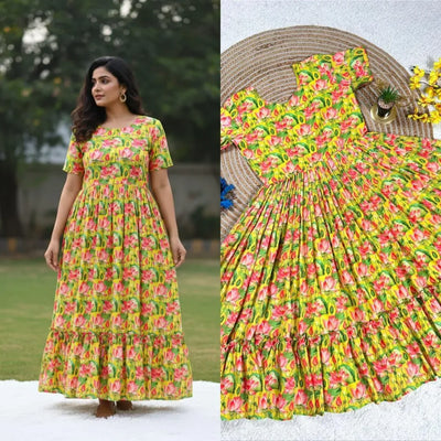 Trending Muslin Cotton Frock Gown - Floral Printed Summer & Festive Wear for Women