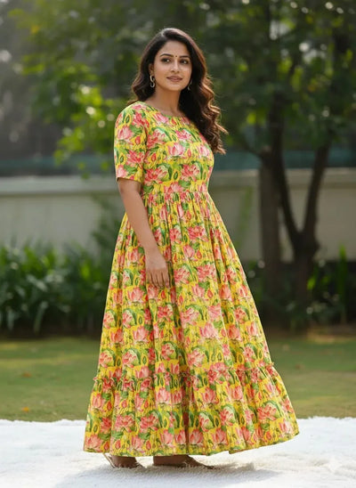 Trending Muslin Cotton Frock Gown - Floral Printed Summer & Festive Wear for Women