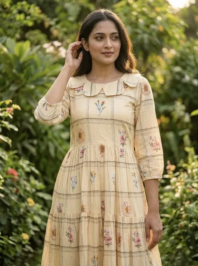Trending Muslin Silk Kurti Dress - Gingham Print & Tiered Flair for Women