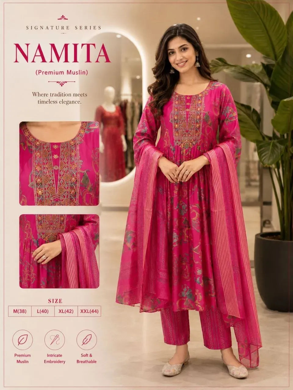 Pink muslin suit set with embroidery and dupatta on model