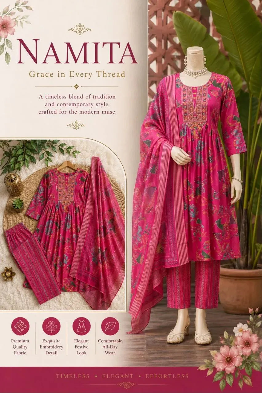 Pink muslin printed suit set on mannequin with dupatta