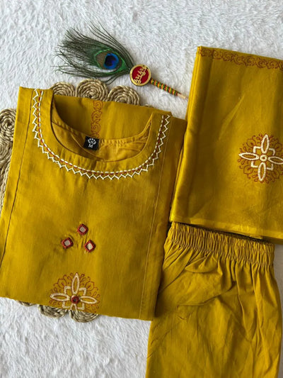 Trending Mustard Cotton Kurti Set - Real Mirror Hand Work with Mul Dupatta | Sizes M-XXL