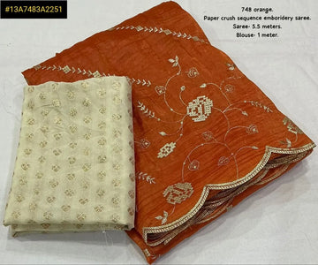 Trending Orange Paper Crush Saree - Shimmering Sequence Work for Women