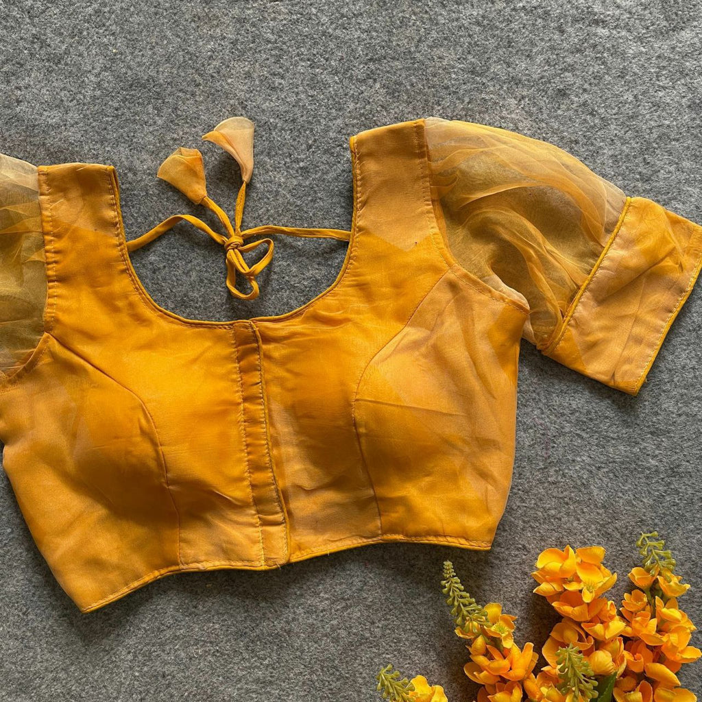 TRENDBUY Golden Yellow Organza Floral Blouse for Women, Party Wear
