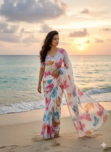 Trending Organza Saree - Handwork Floral Print for Festive & Spring