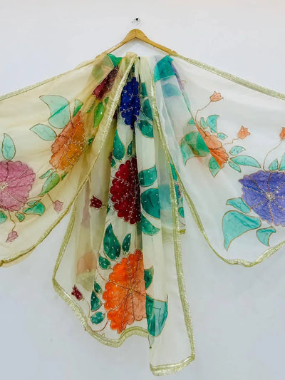 Trending Organza Silk Dupatta - Handwork Handprint for Festive Wear