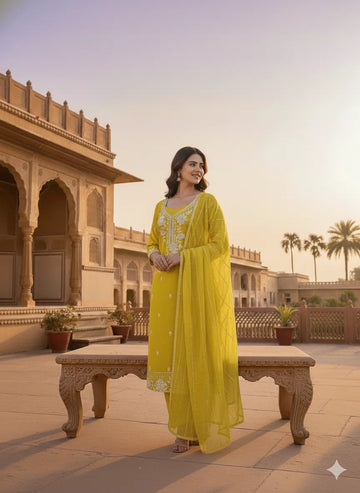 Trending Parrot Green Roman Silk Suit - Glamorous Embroidered Festival Wear for Women
