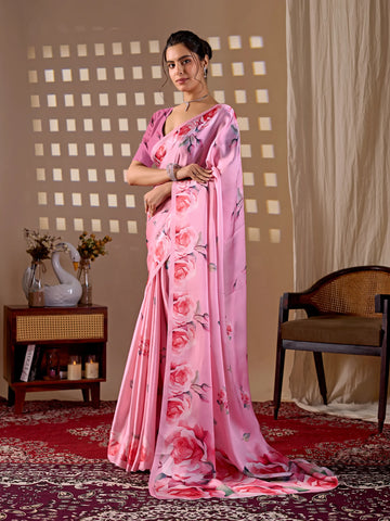 Trending Pink Designer Saree - Floral Printed Soft Satin for Festivities