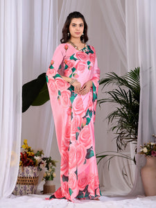 Trending Pink Floral Digital Print Saree - Soft Satin Comfort for Women's Style