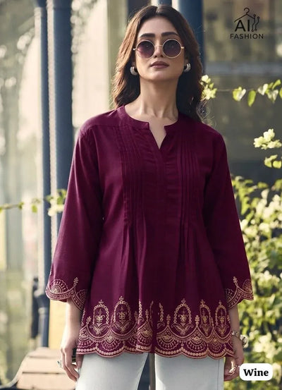Trending Pleated Rayon Short Kurti - Elegant Embroidery for Women