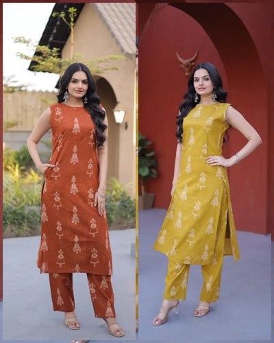 Trending Printed Cotton Kurti Set with Pockets for Women