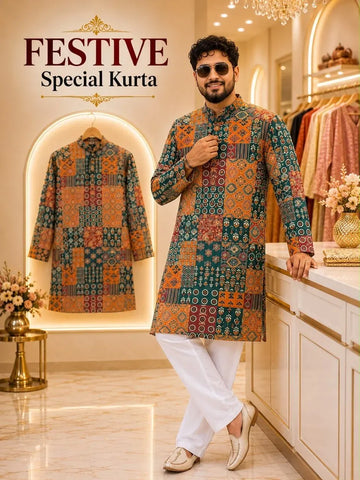 Trending Printed Kurta Pyjama Set - Traditional Cotton Festive Wear for Men