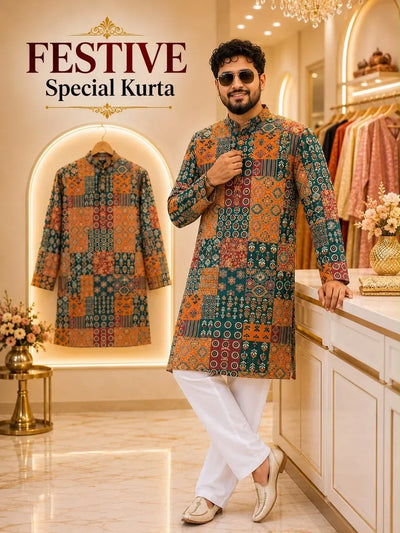 Trending Printed Kurta Pyjama Set - Traditional Cotton Festive Wear for Men