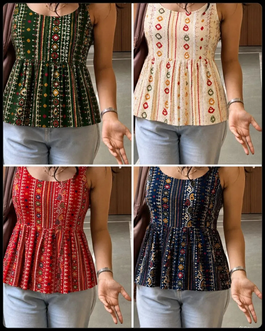 Collage of four women wearing different colored bandhej print rayon tops with jeans