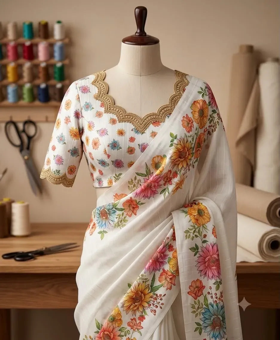 White saree with colorful floral print and designer blouse