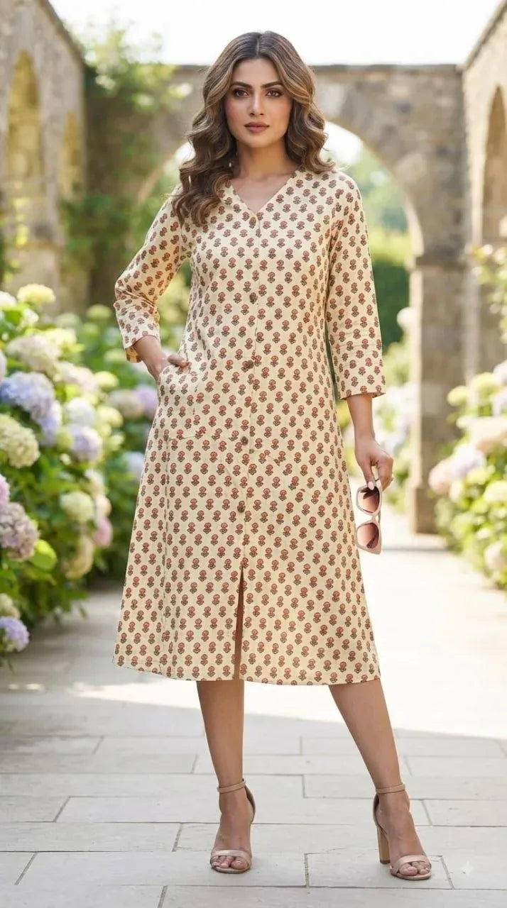 Beige floral printed pure cotton A-line dress with V-neck on model