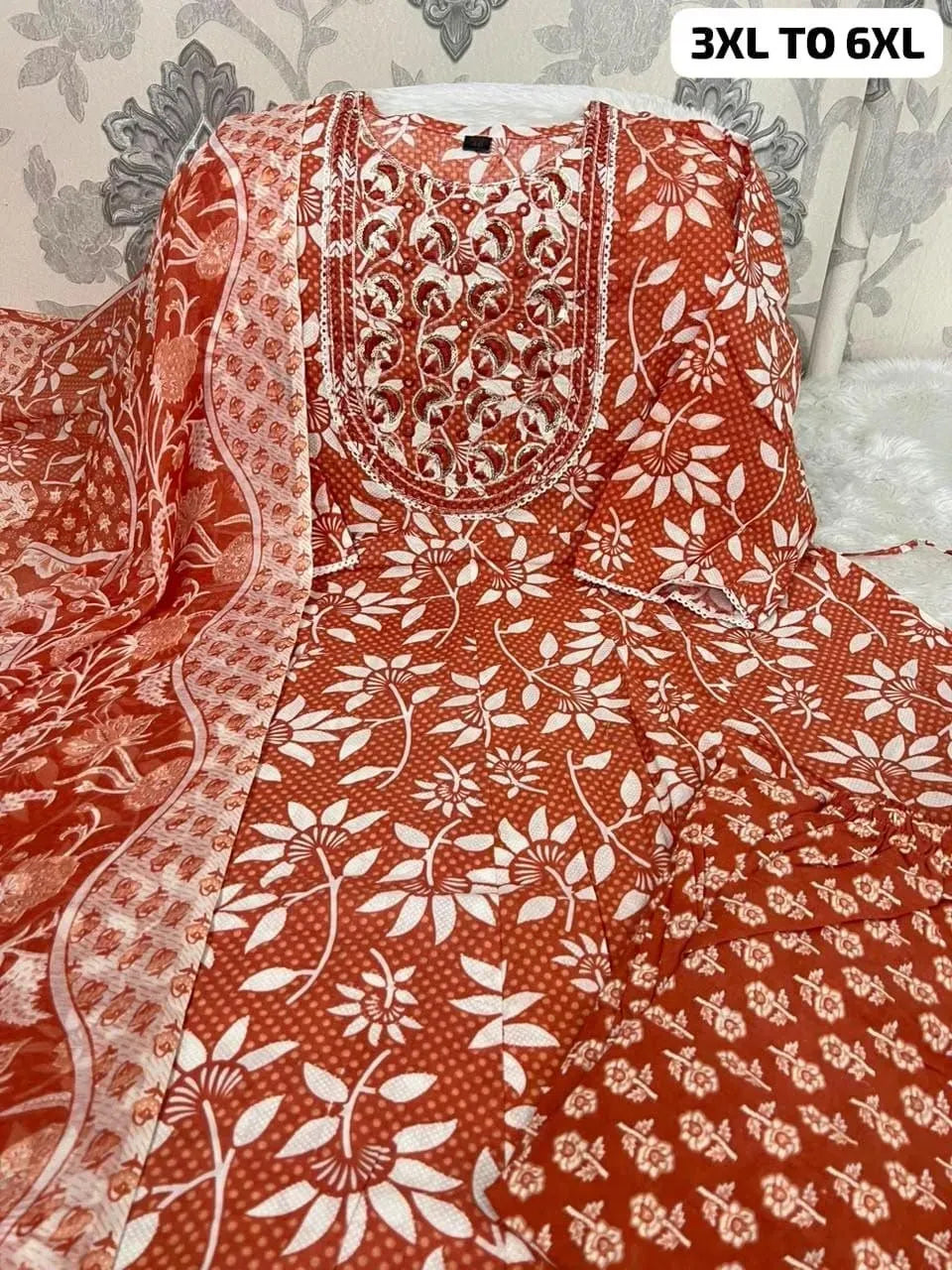 Rust orange pure cotton anarkali kurti set with printed dupatta