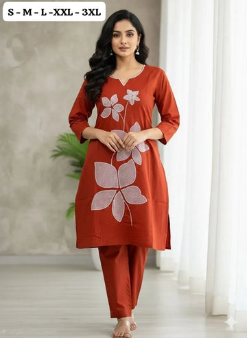 Trending Pure Cotton Co-Ord Set - Embroidered Kurti with Semi Plazzo for Women