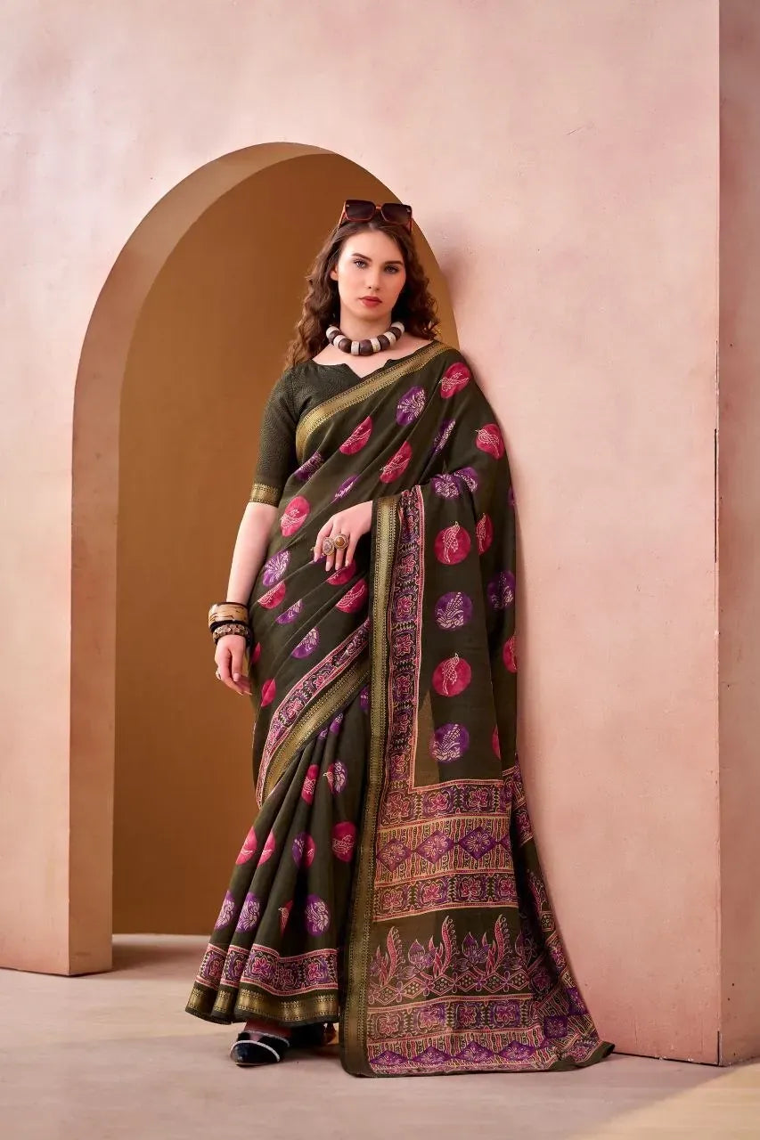 Model wearing olive green PV Chanderi printed saree with decorative border