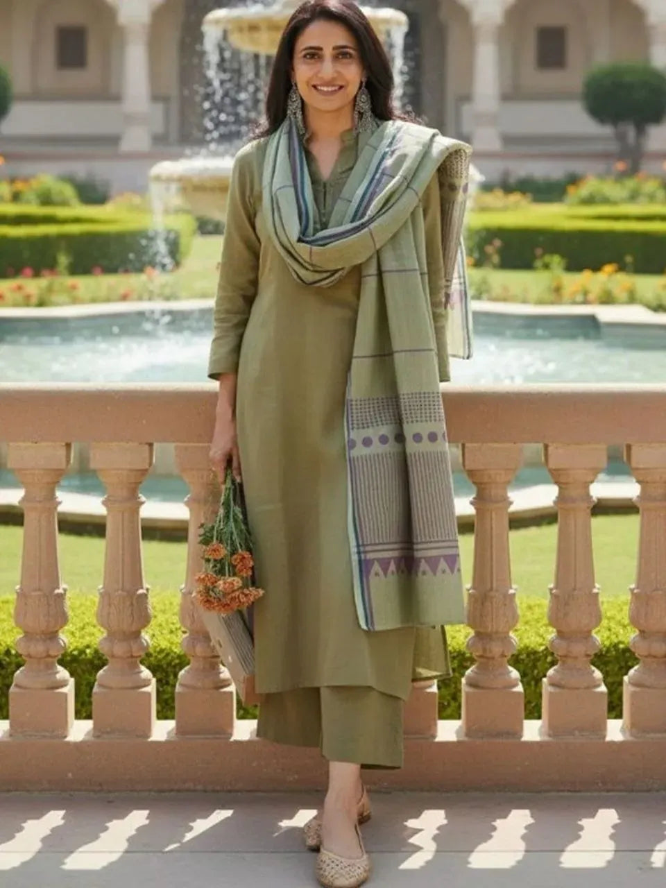 Model wearing pista green printed rayon kurti pant set with dupatta outdoors