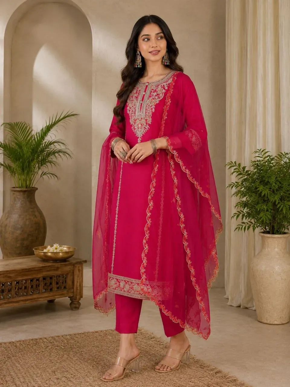 Model wearing pink rayon slub kurti set with embroidered dupatta standing in a neutral room