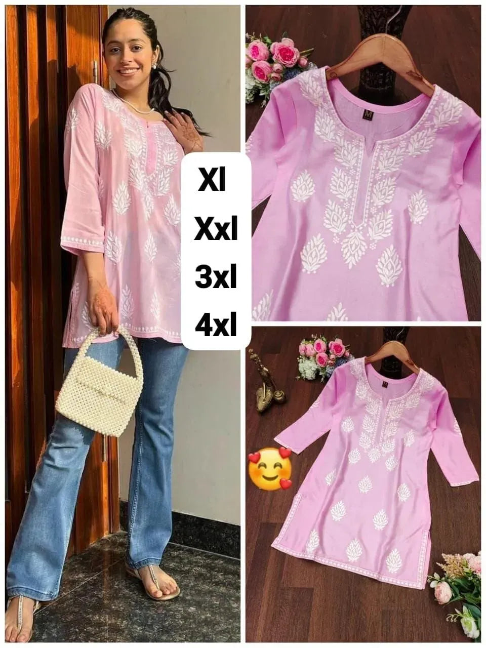 Model wearing light pink rayon short kurta with chikankari embroidery and blue jeans