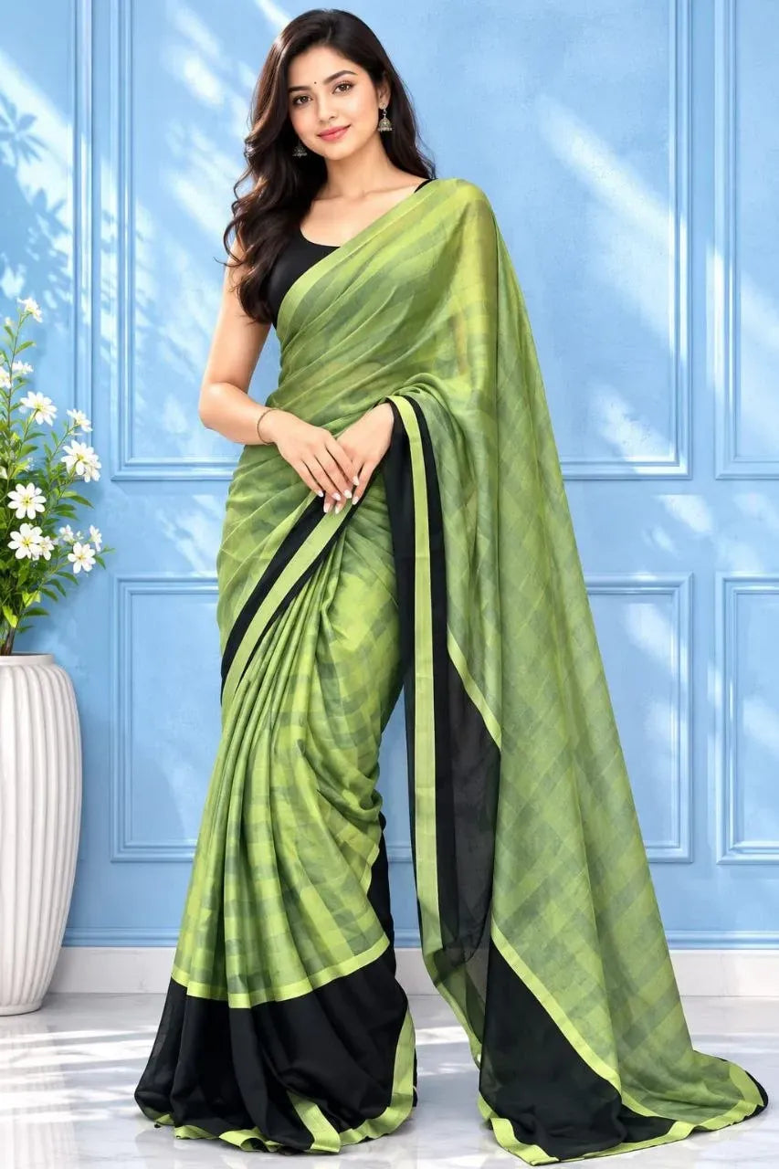 Model wearing green checkered soft georgette ready to wear saree