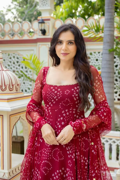 Trending Red Bandhani Anarkali Suit Set - Festive Wear for Women