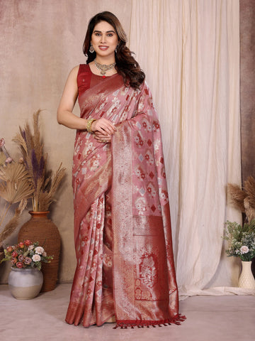 Trending Red Cotton Spun Saree - Jacquard Zari Weaving for Festive Wear