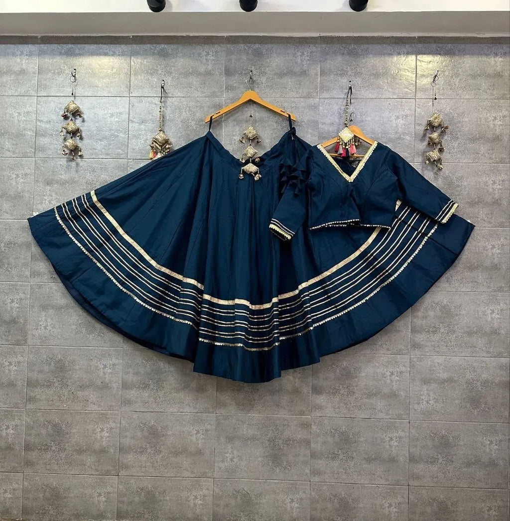 Dark blue reyon cotton chaniya choli with heavy gotta work on hangers