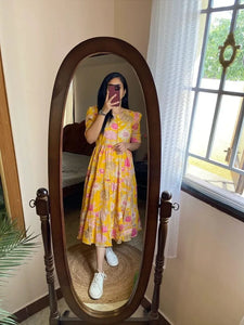 Trending Reyon Cotton Tiered Gown - Vibrant Floral for Summer Wear