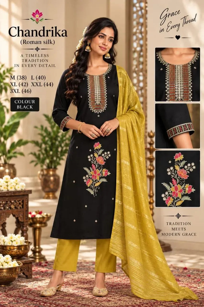Model wearing black roman silk suit set with mustard dupatta