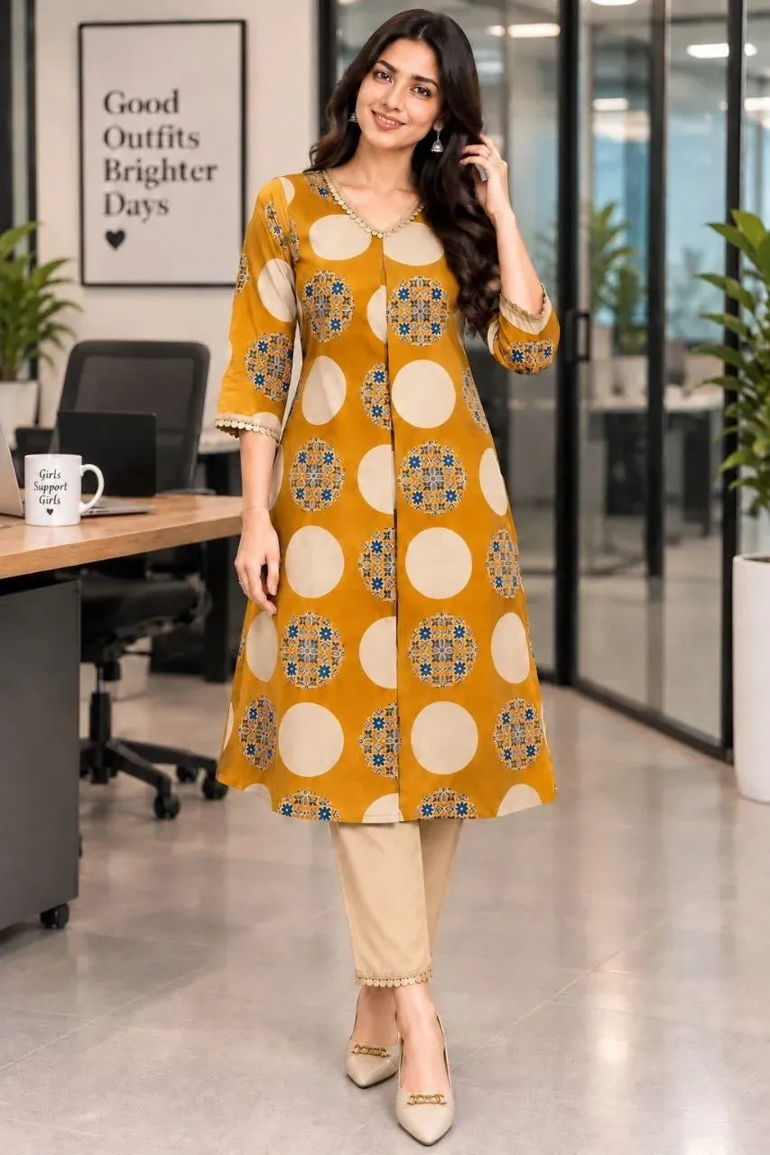 Model wearing mustard yellow printed semi cotton 2 pieces set front view