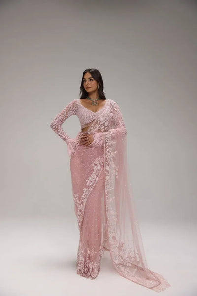 Trending Sequins Net Saree - Heavy Embroidery & Feather Sleeves for Festive Occasions