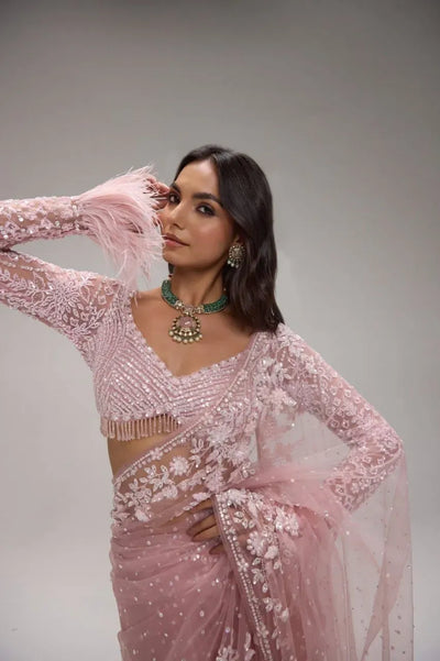 Trending Sequins Net Saree - Heavy Embroidery & Feather Sleeves for Festive Occasions
