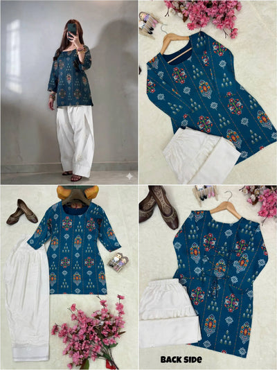 Trending Short Kurti Set - Maslin Digital Print with Embroidered Plazzo for Women