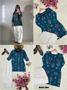 Trending Short Kurti Set - Maslin Digital Print with Embroidered Plazzo for Women