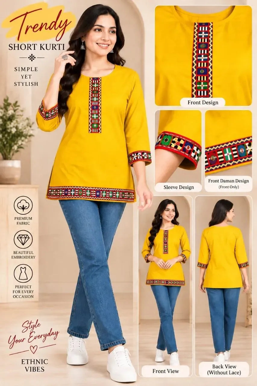 Model wearing yellow short rayon kurti with embroidered neckline and sleeves