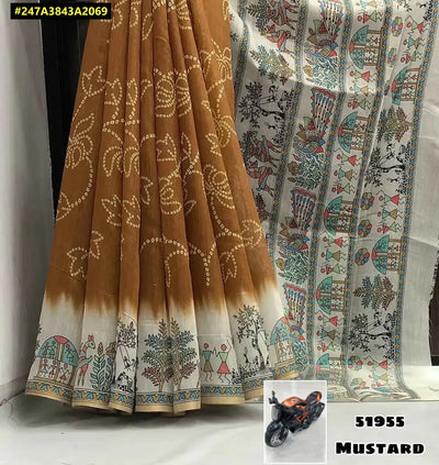 Trending Soft Lenin Saree - Madhubani & Bandhani Print for Festive Wear