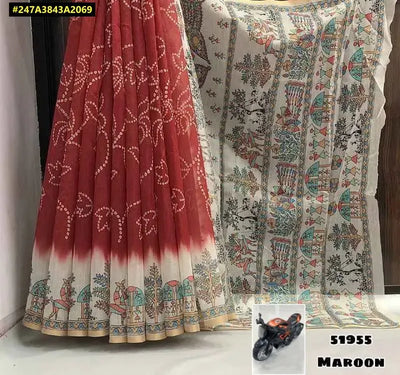 Trending Soft Lenin Saree - Madhubani & Bandhani Print for Festive Wear
