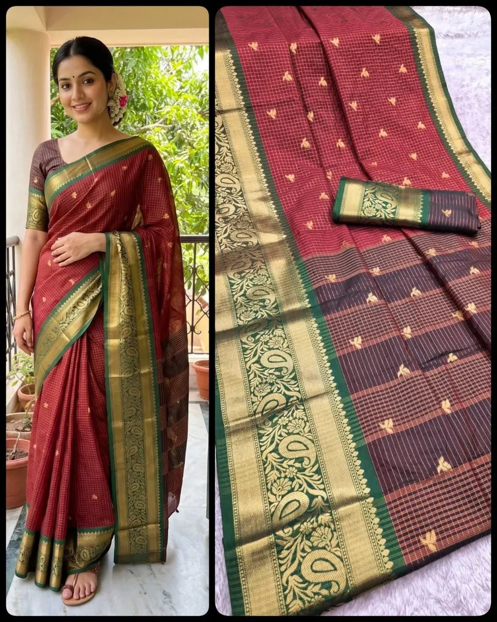 Model wearing red soft silk saree with green tower border and checks pattern